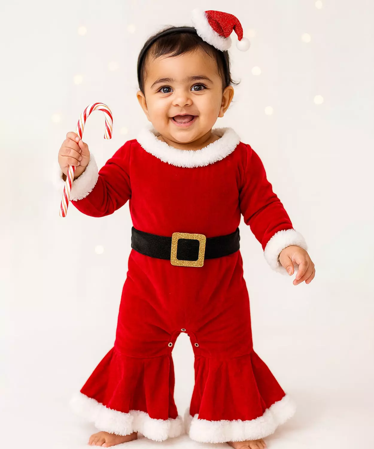 Fur Warm X-Mas Bodysuit 3 Pc Dress With Belt & Headband - Red & White