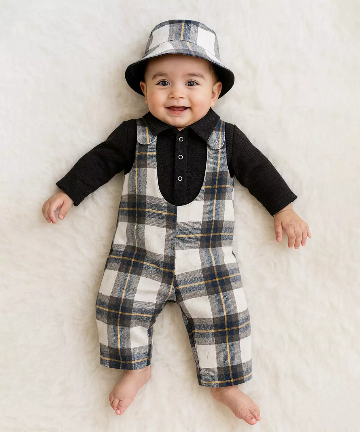 Plaid Warm Dangree 3 Pc Set With Shirt & Bucket Cap - Blue & White