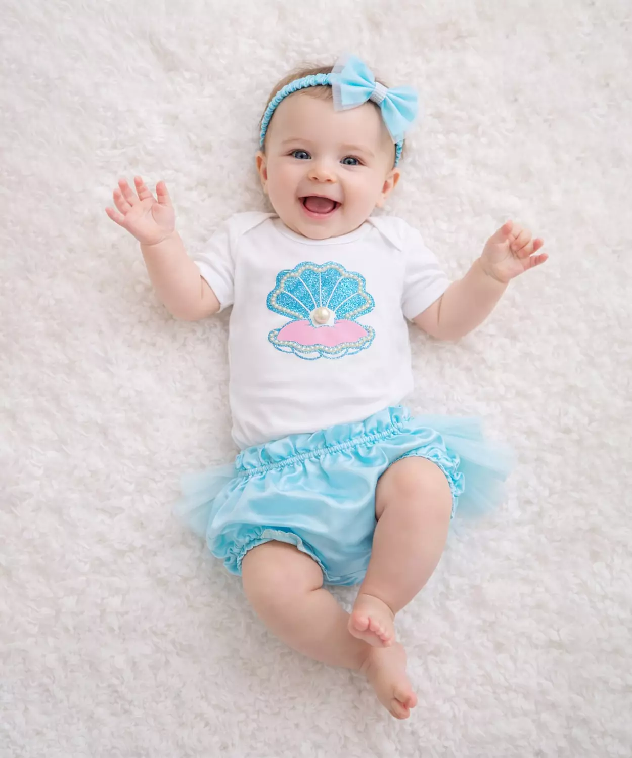 3Pc Seashell Bodysuit With Blumer & Headband - Blue & White