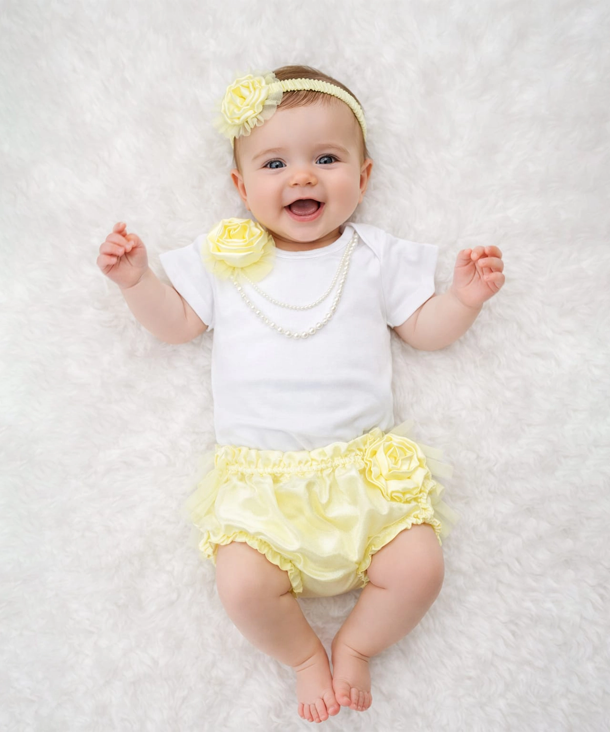 3Pc Flower Bodysuit With Blumer & Headband - Yellow & White
