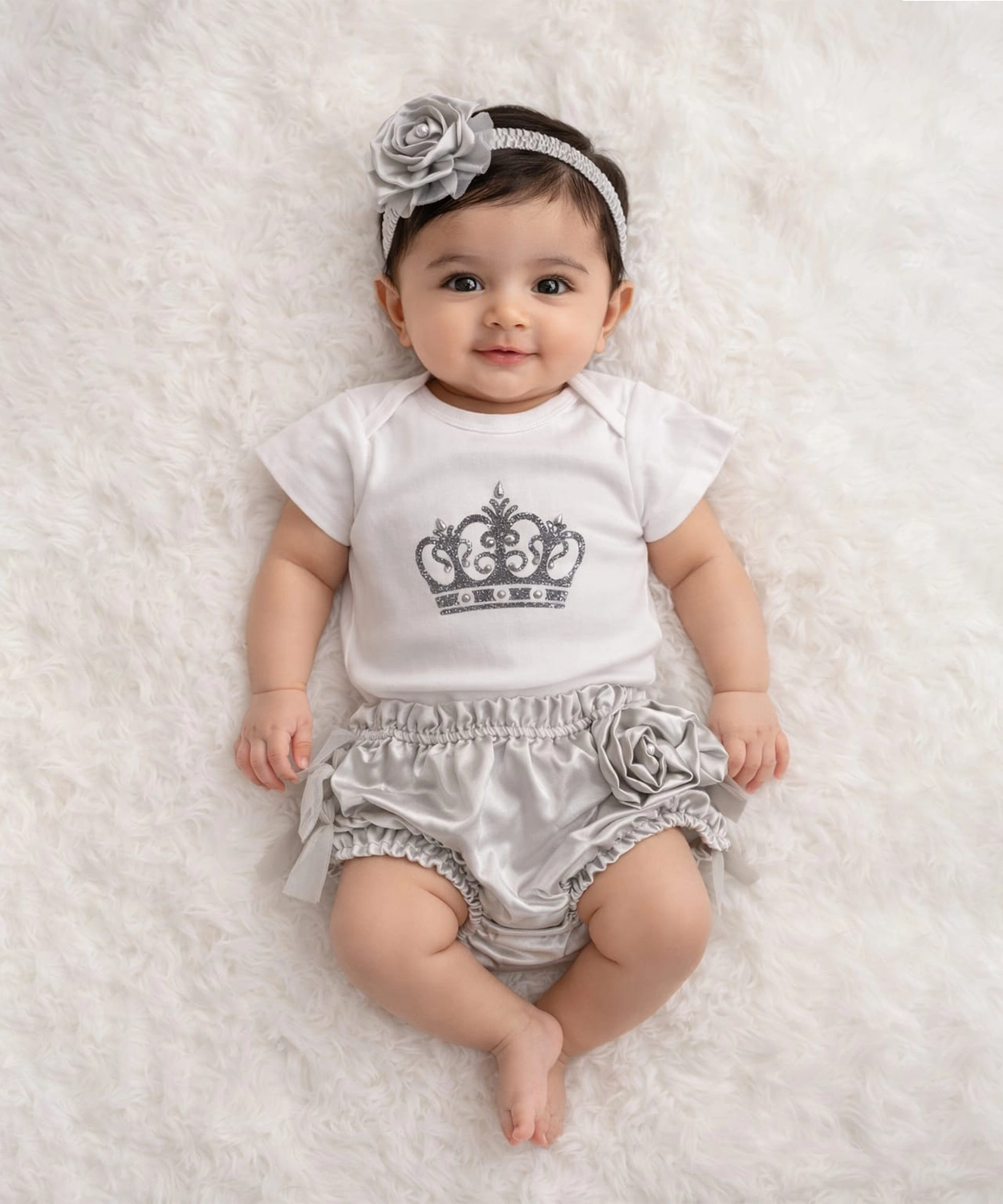 3Pc Crown Bodysuit With Blumer & Headband - Grey & White