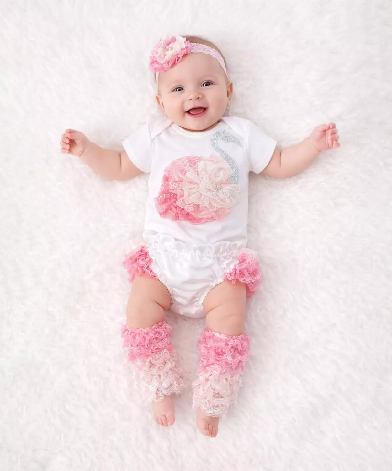 4Pc Lacey Flamingo Bodysuit With Blumer, Headband And Legwarmers - Pink & White