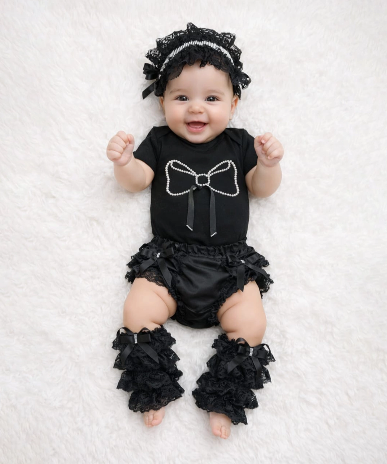 4Pc Lacey Bow Bodysuit With Blumer, Headband And Legwarmers - Black