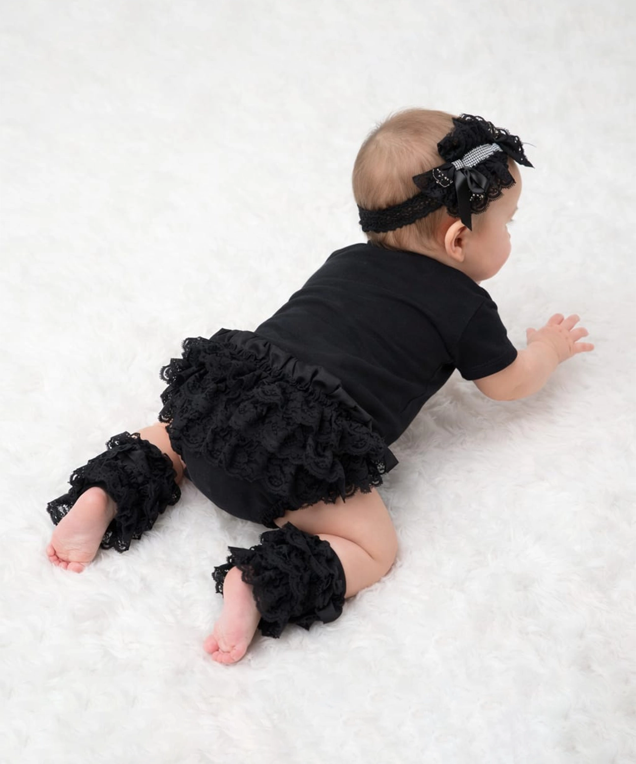 4Pc Lacey Bow Bodysuit With Blumer, Headband And Legwarmers - Black