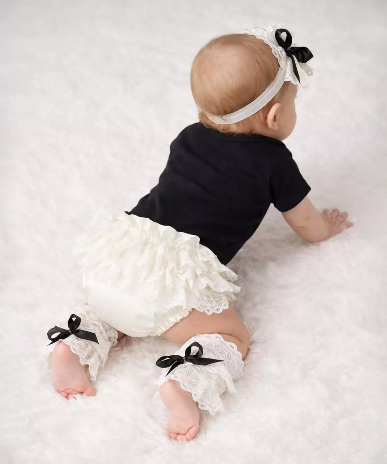 4Pc Lacey Bow Bodysuit With Blumer, Headband And Legwarmers - Black & Off White
