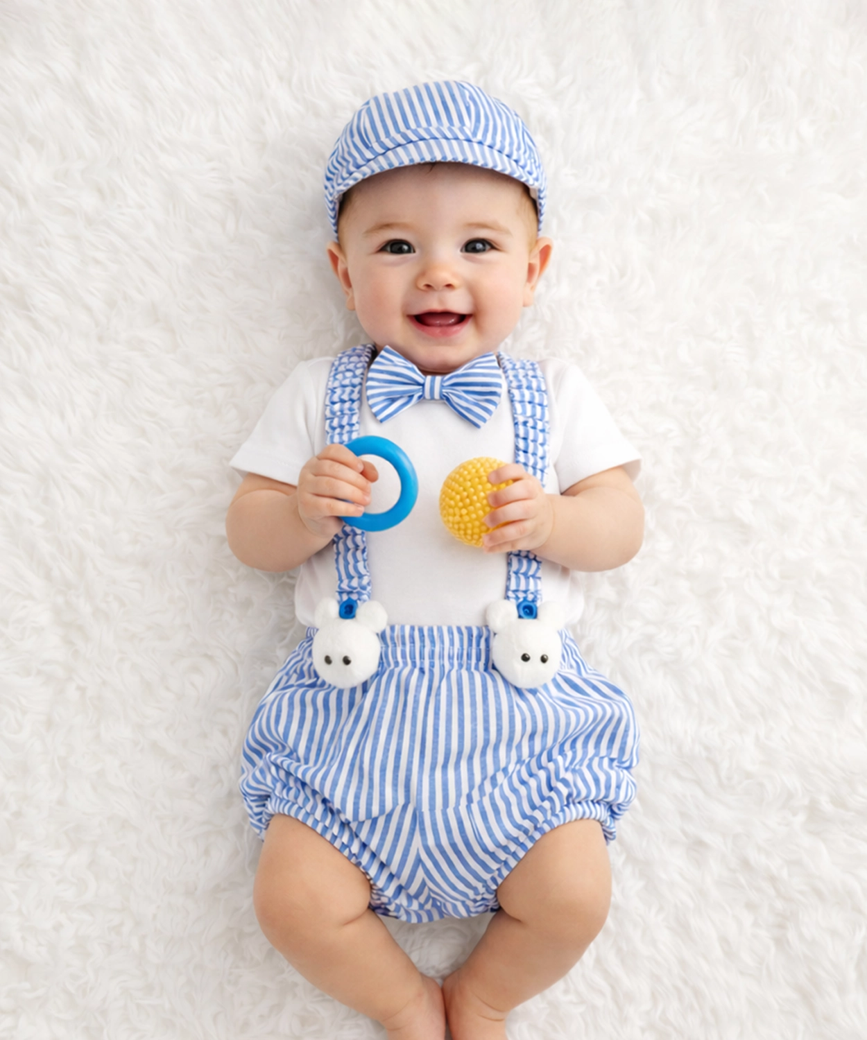 5Pc Boys Bodysuit With Blumer,Suspenders,Bow And Cap - Blue & White