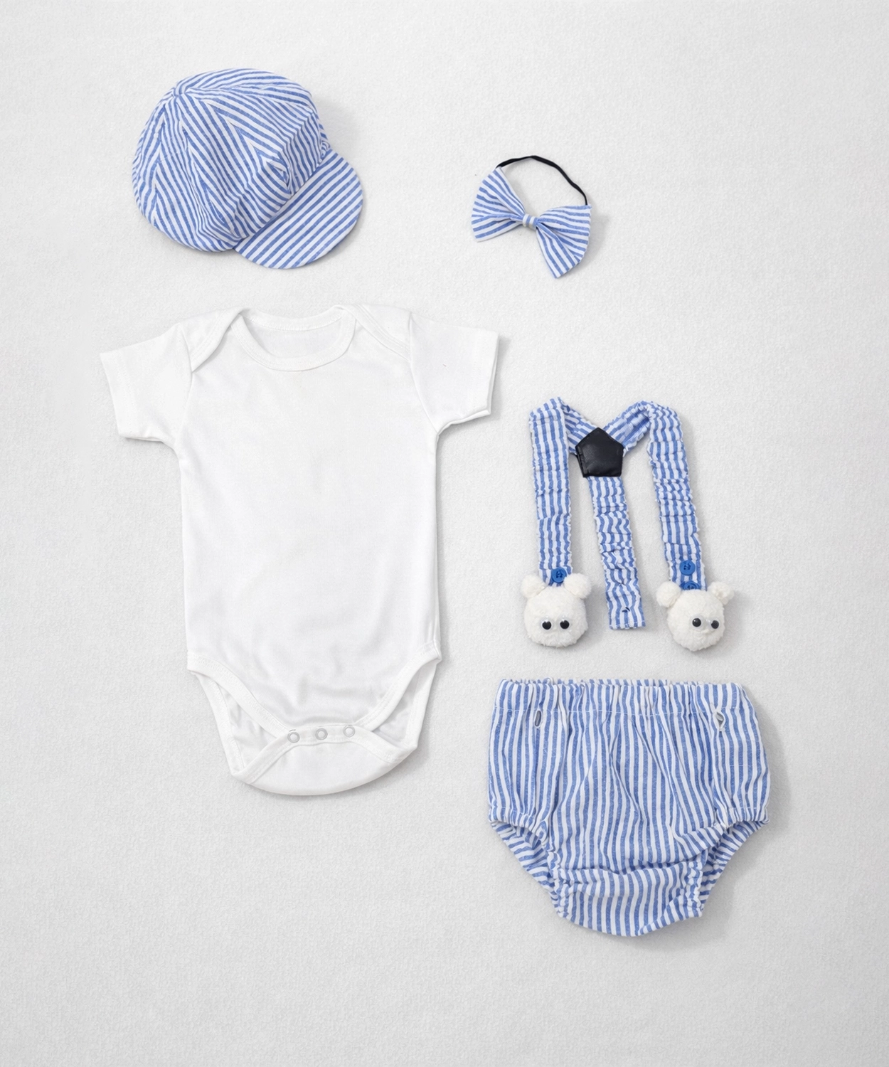 5Pc Boys Bodysuit With Blumer,Suspenders,Bow And Cap - Blue & White