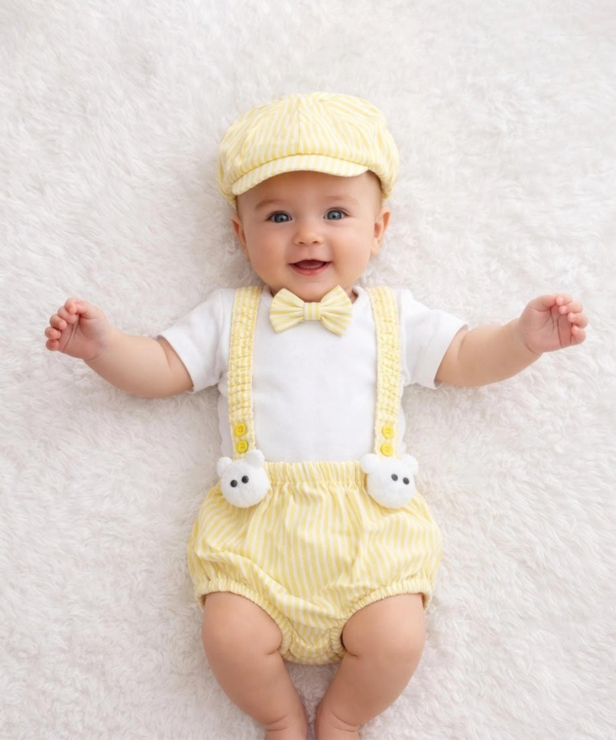 5Pc Boys Bodysuit With Blumer,Suspenders,Bow And Cap - Yellow & White