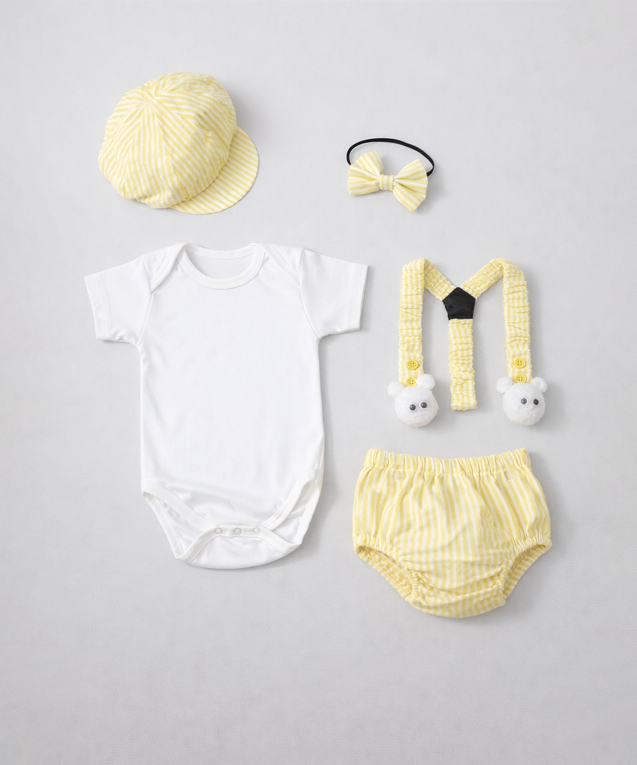 5Pc Boys Bodysuit With Blumer,Suspenders,Bow And Cap - Yellow & White