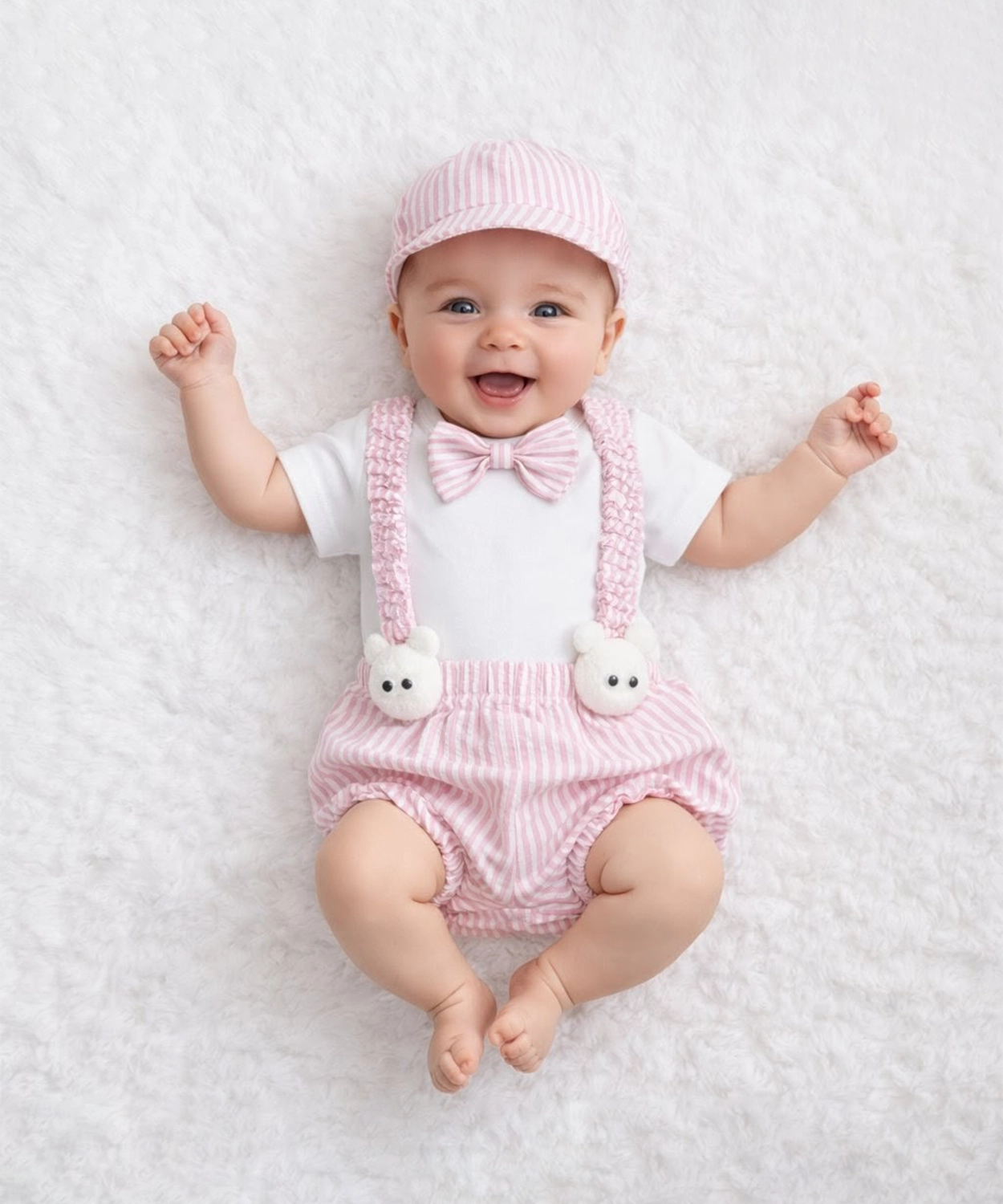 5Pc Boys Bodysuit With Blumer,Suspenders,Bow And Cap - Pink & White