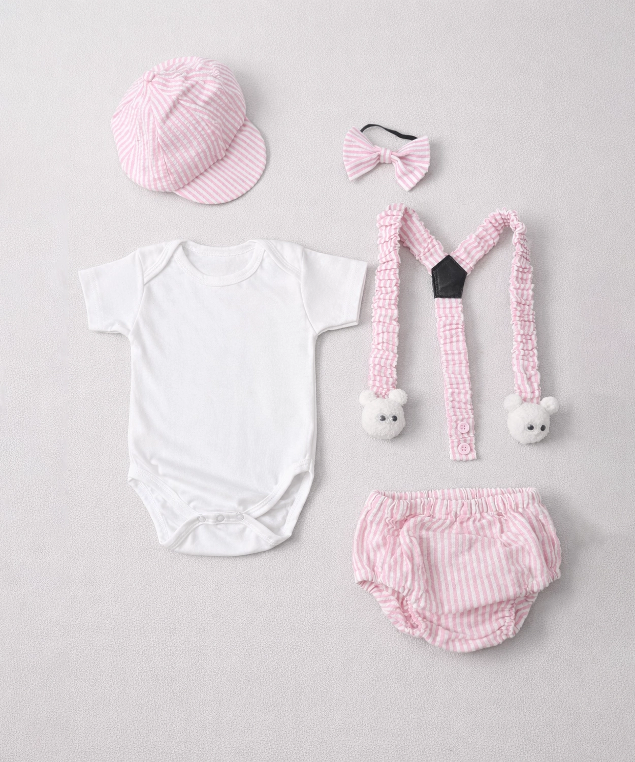 5Pc Boys Bodysuit With Blumer,Suspenders,Bow And Cap - Pink & White