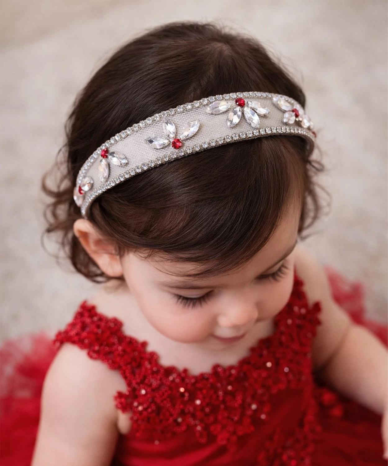 Stones Embellished Hairband - Silver & Red
