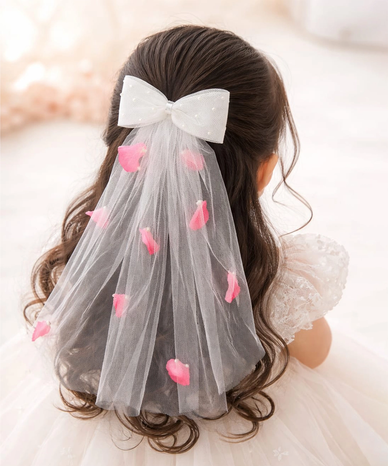 Veil Bow Clip - White & Pink