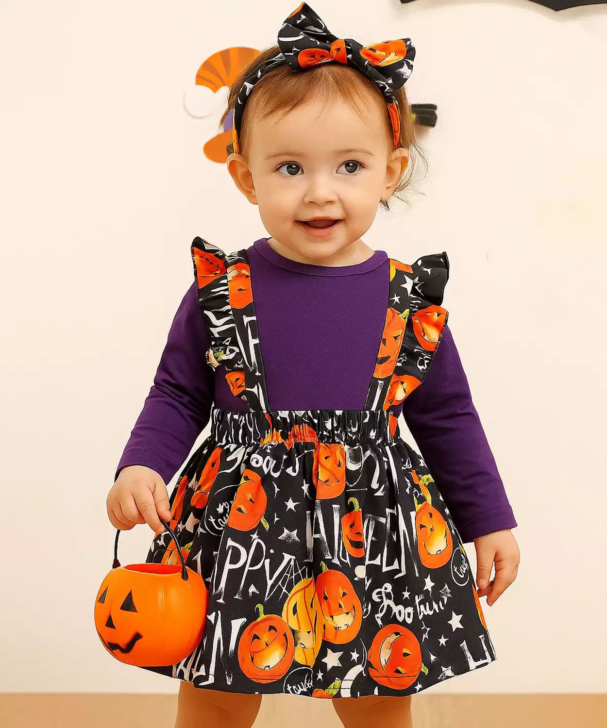 3Pcs Halloween Style Pumpkin Print Long-Sleeve Orange Dress