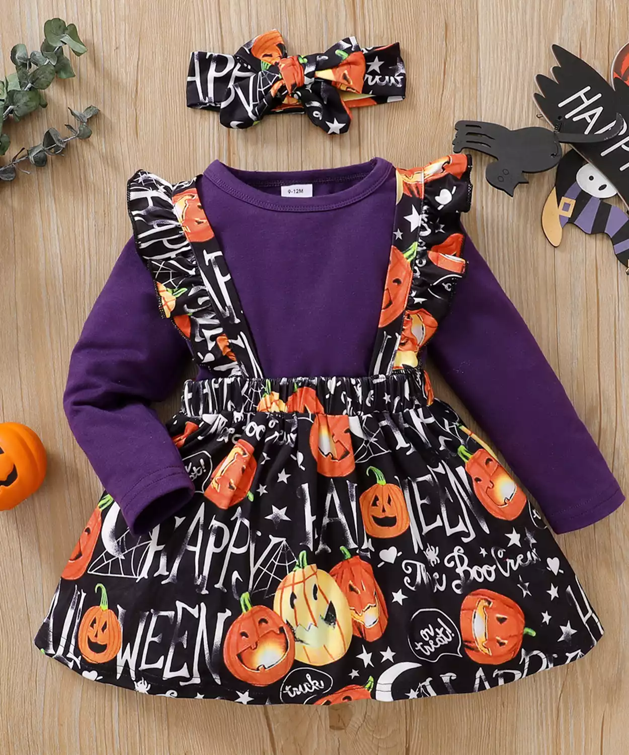 3Pcs Halloween Style Pumpkin Print Long-Sleeve Orange Dress