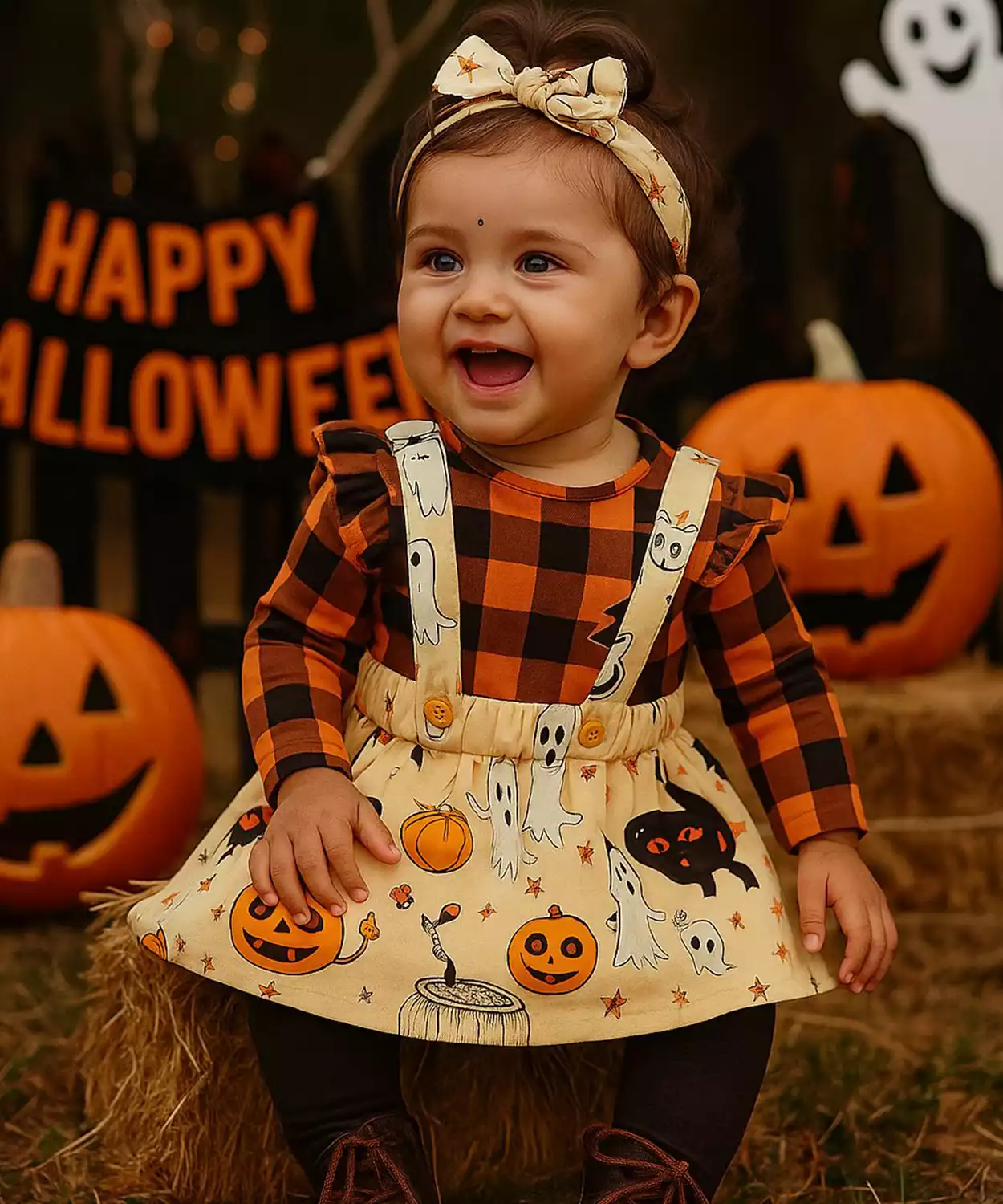 3Pcs Halloween Style Plaid Print Ruffle Decor Long-Sleeve Orange Dress