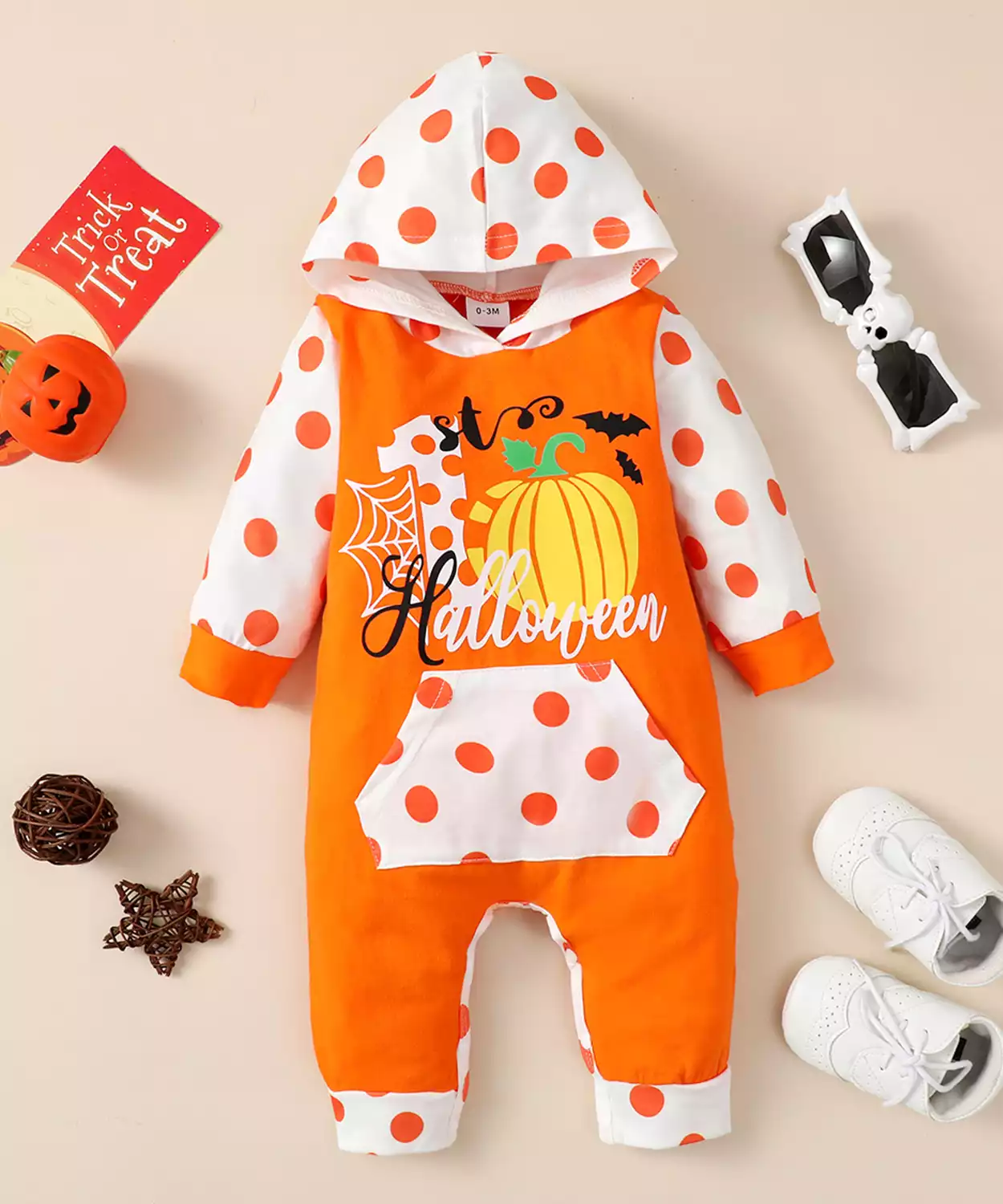 Polka Dot Hooded Long-Sleeve Spliced Pumpkin & Letter Print Romper
