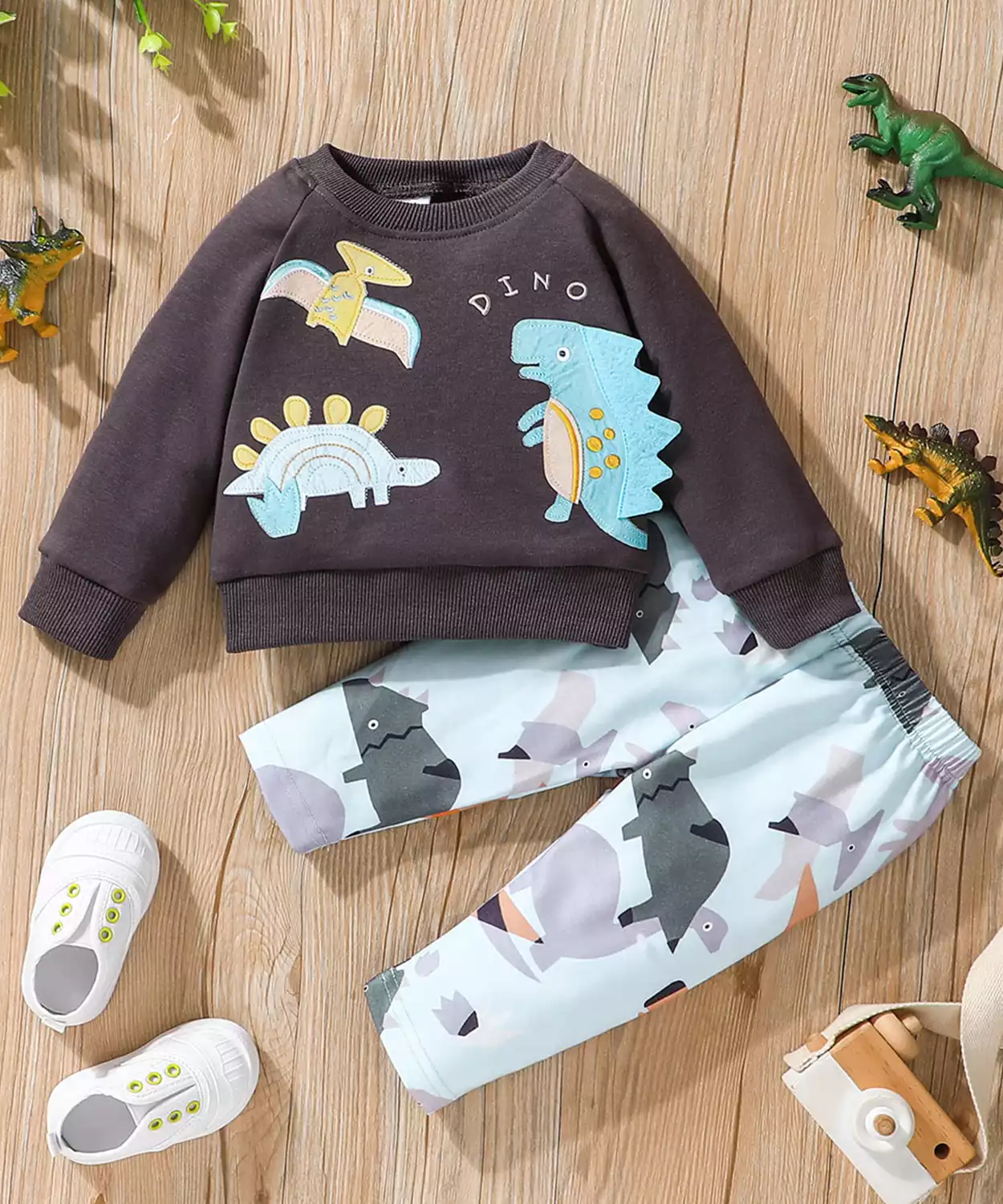 Baby Boy Dinosaur Printed Cotton Sweatshirt And Pant Set