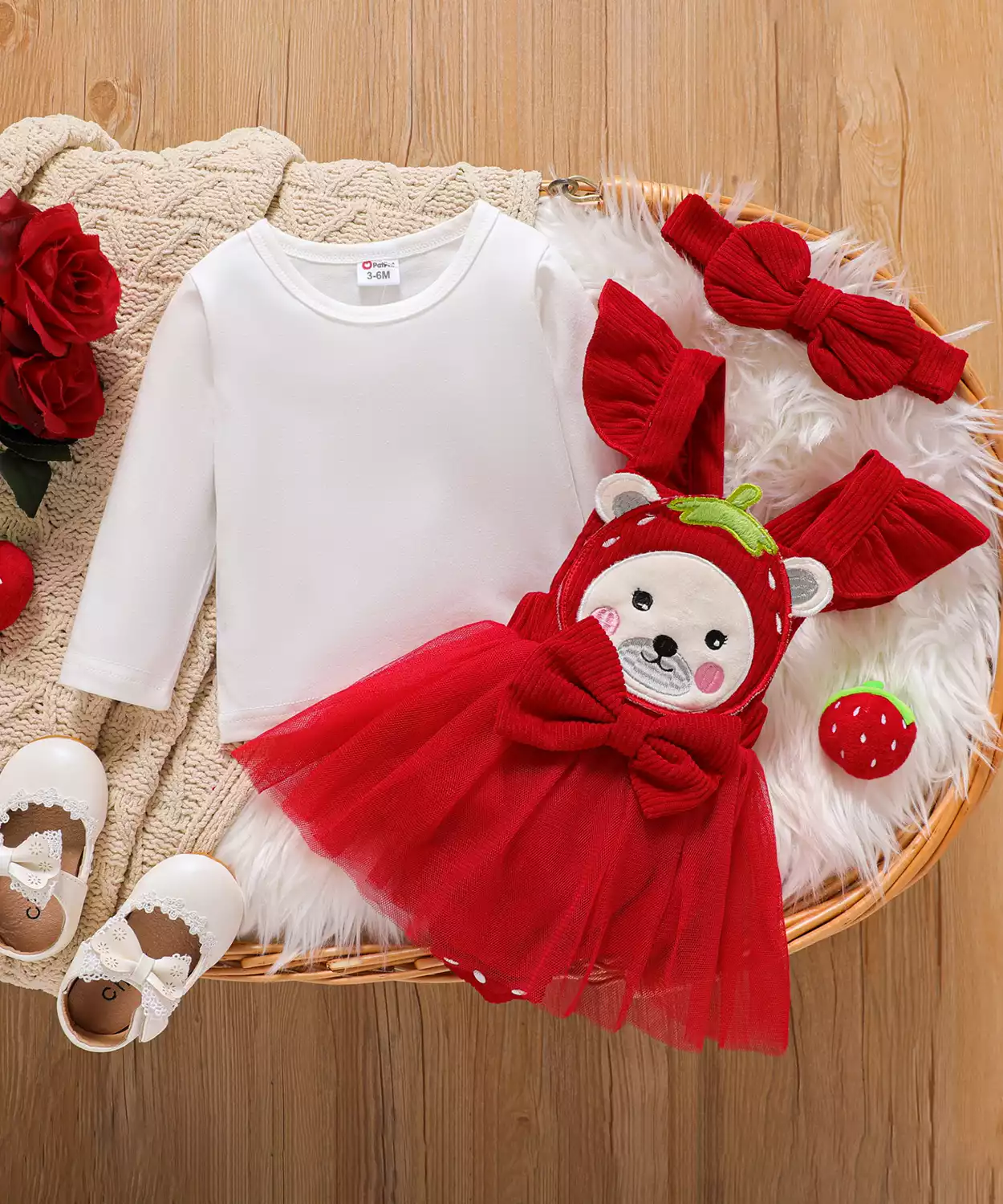 Baby Girl 3Pc Teddy Bear Printed Frock With Headband