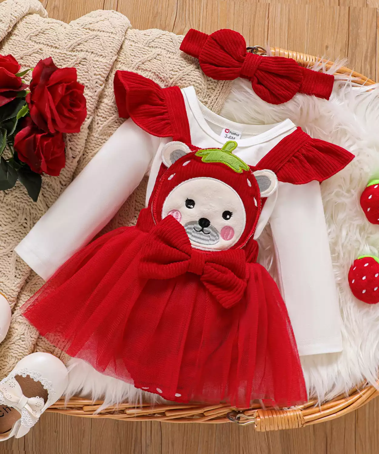 Baby Girl 3Pc Teddy Bear Printed Frock With Headband