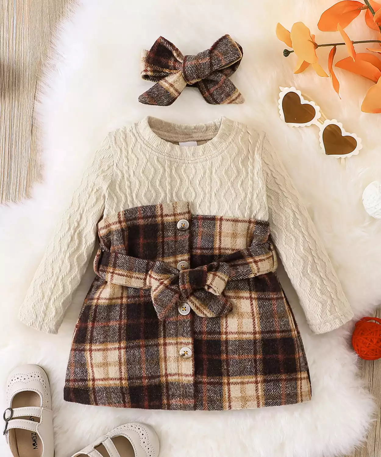 Baby Girl Check Printed Warm Frock With Headband
