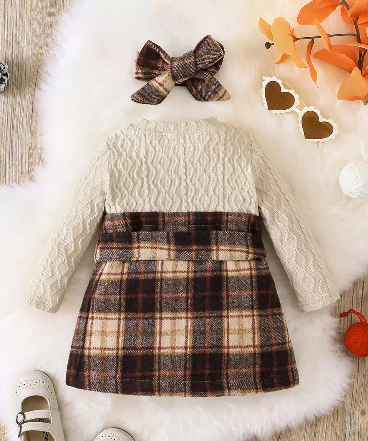 Baby Girl Check Printed Warm Frock With Headband