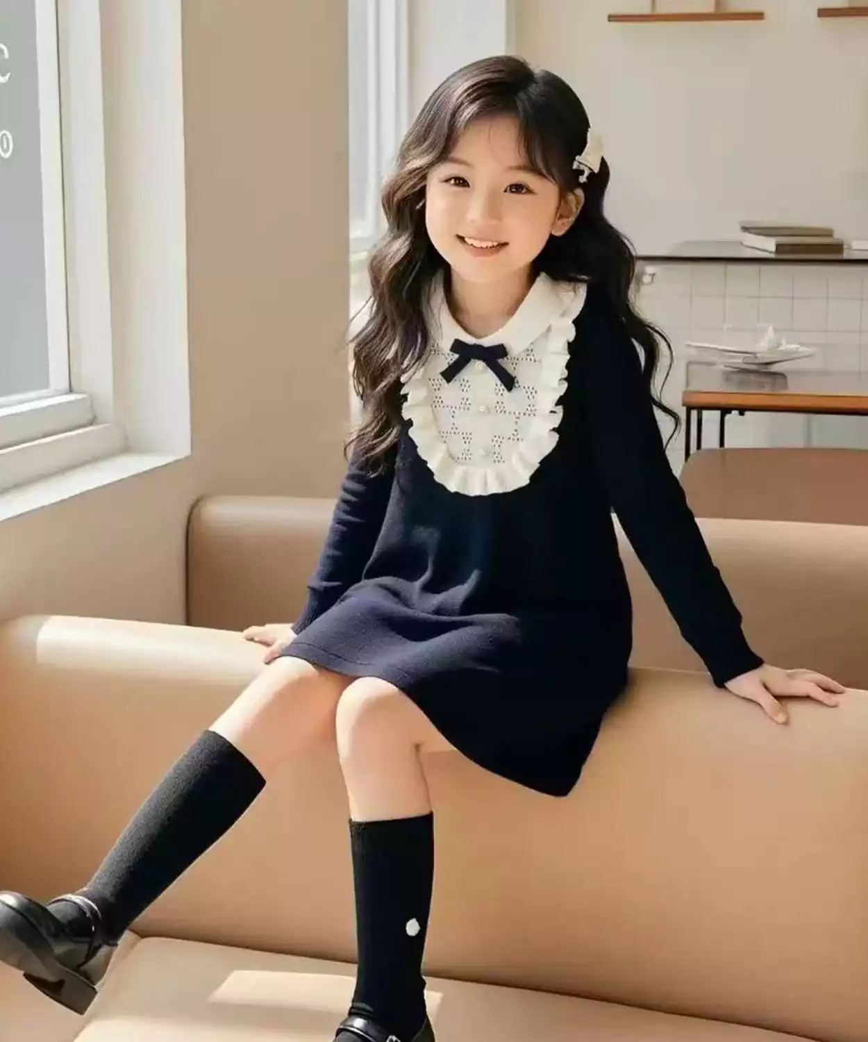 Toddler Girl Ruffle Collar Style Formal Frock With Bow