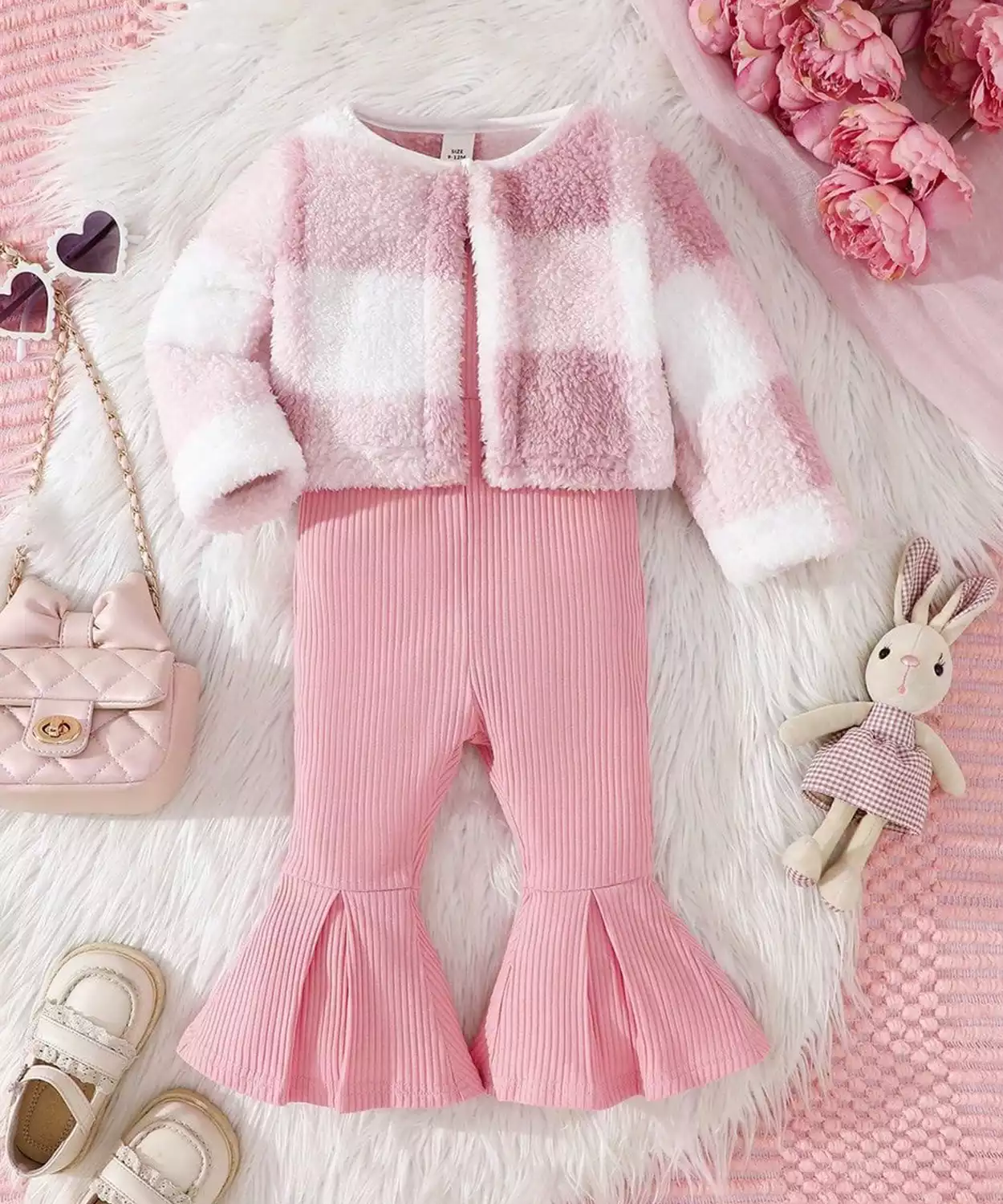 Baby Girl 2 Pc Fuzzy Checked Coat And Flared Pant Set