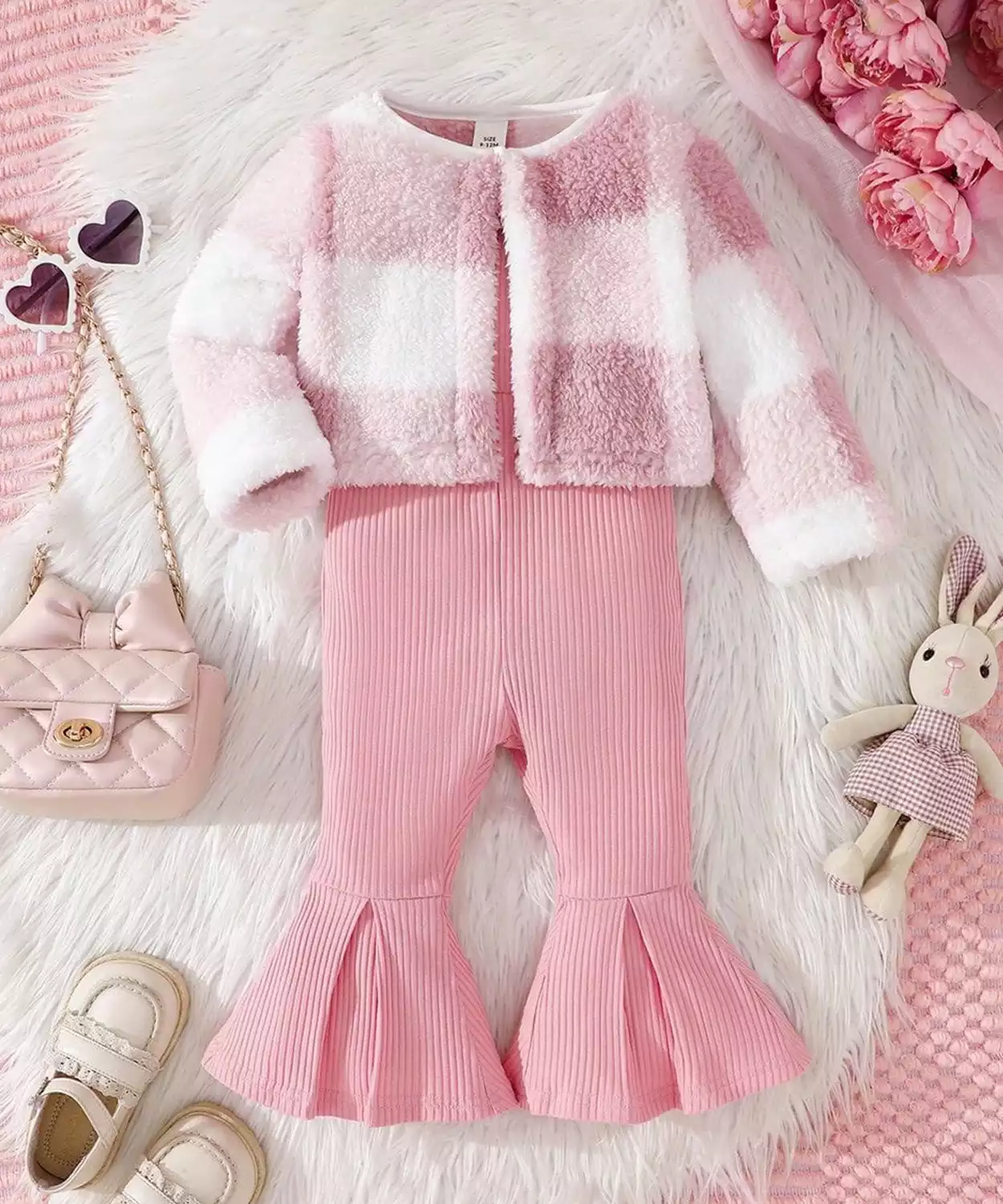 Baby Girl 2 Pc Fuzzy Checked Coat And Flared Pant Set