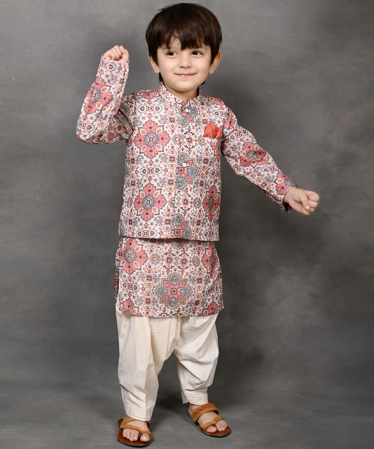 Abstract Geometrical Print Nehru Jacket with Kurta & Pathani Salwar Set