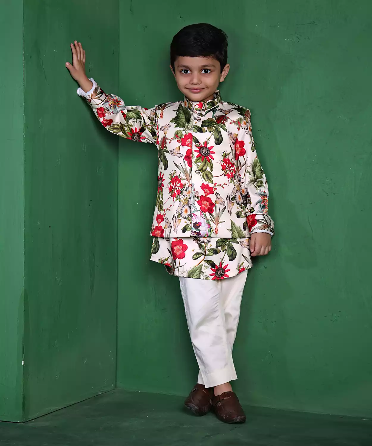 Gulmohar Print Nehru Jacket with matching Kurta & Pant Set