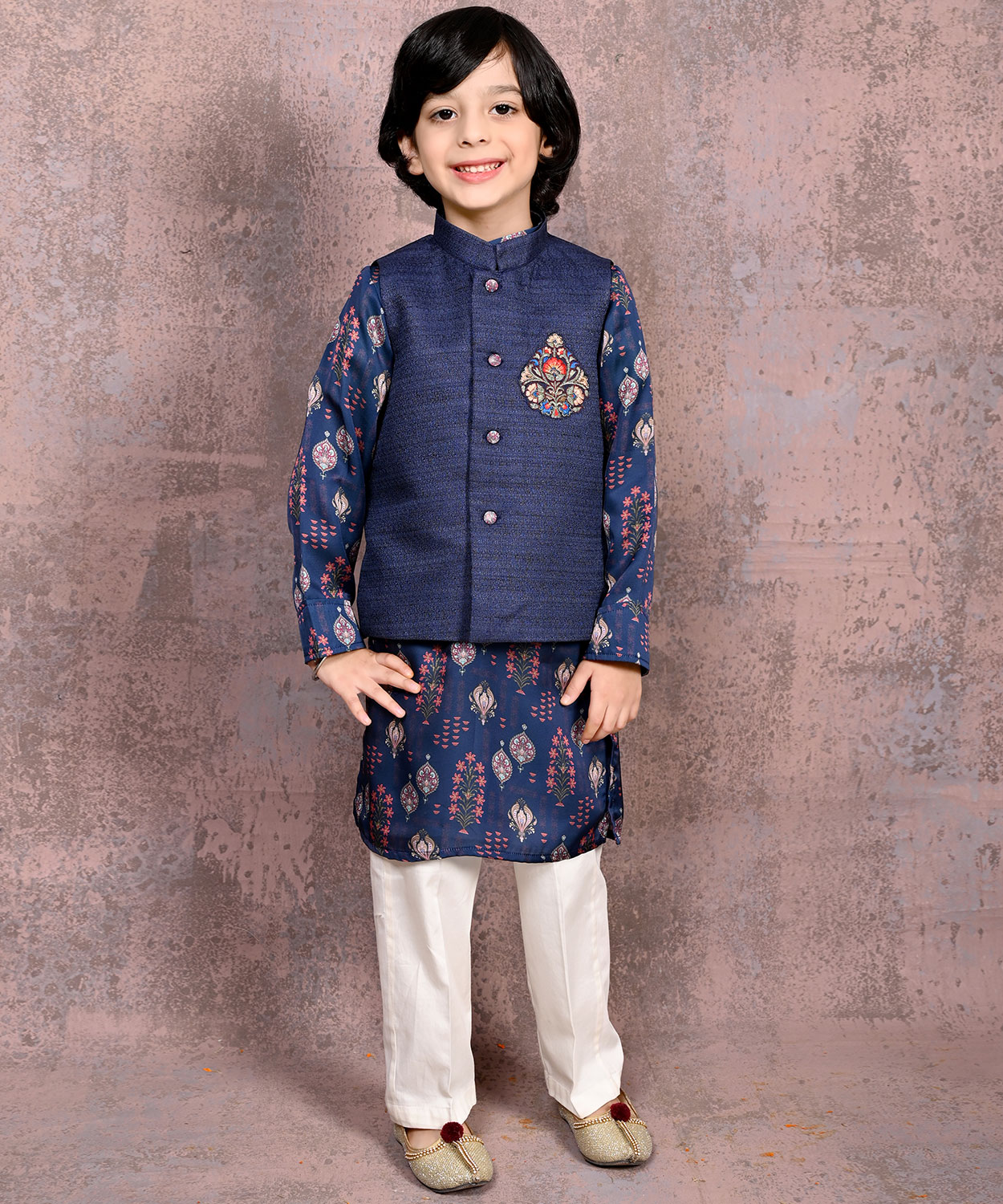 Embroidered Motif Nehru Jacket with Mughal Print Kurta & Pant Set