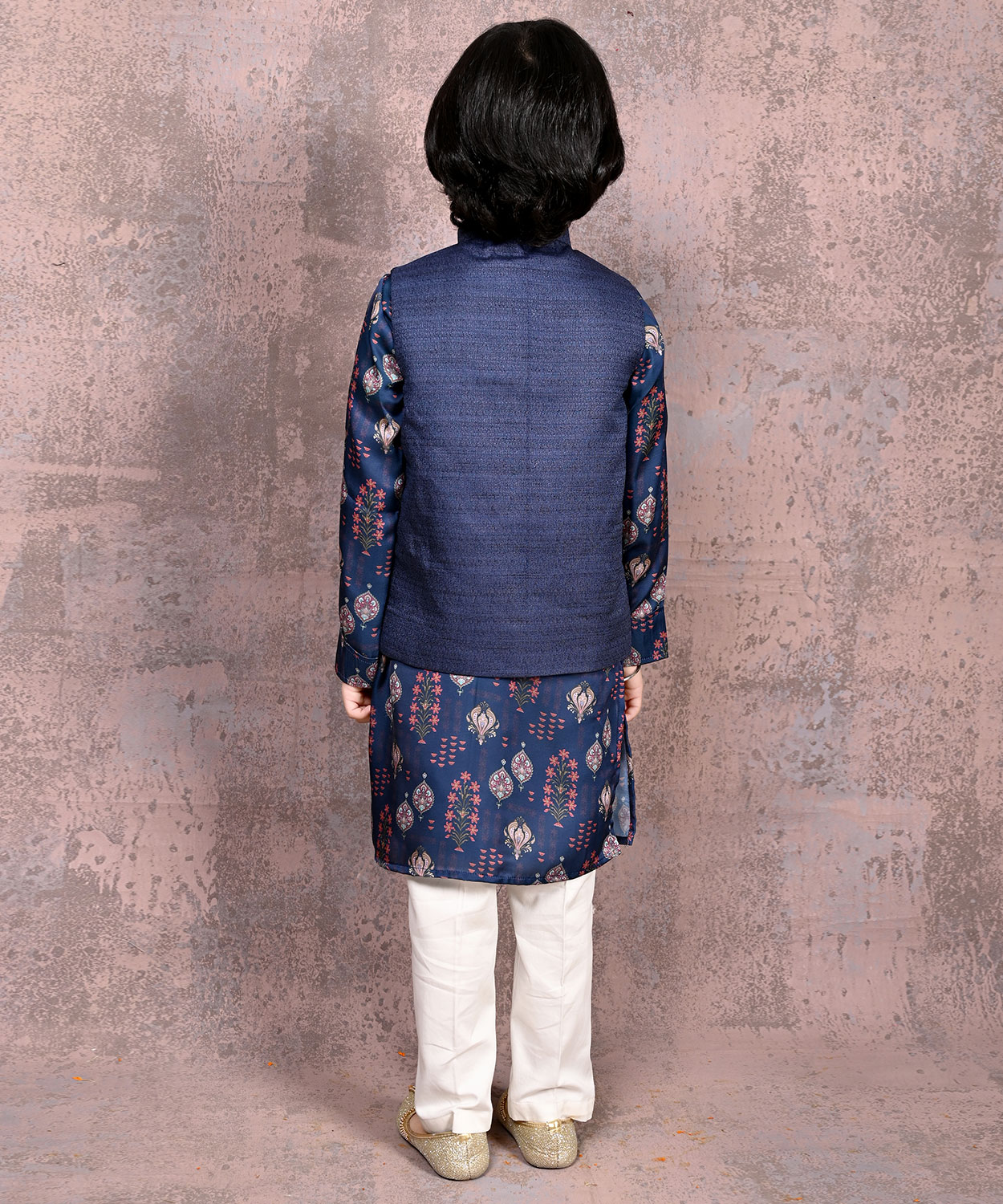Embroidered Motif Nehru Jacket with Mughal Print Kurta & Pant Set