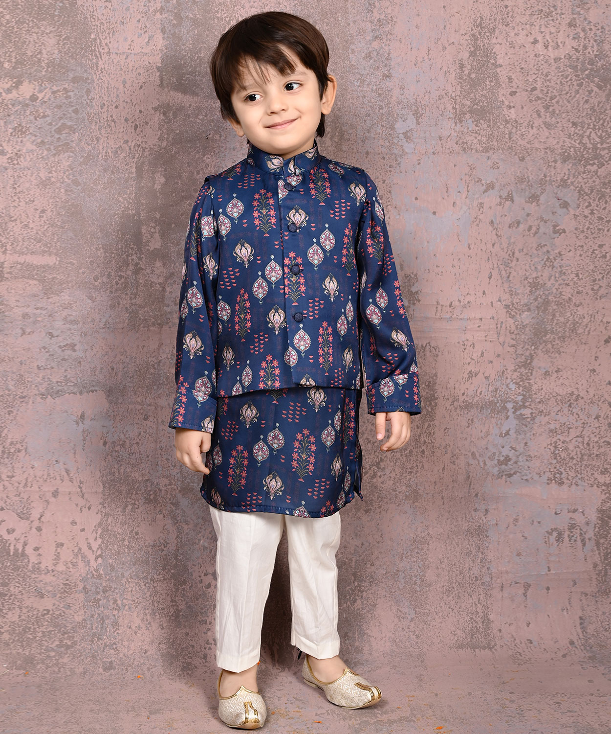 Mughal Print Nehru Jacket with matching Kurta & Pant Set