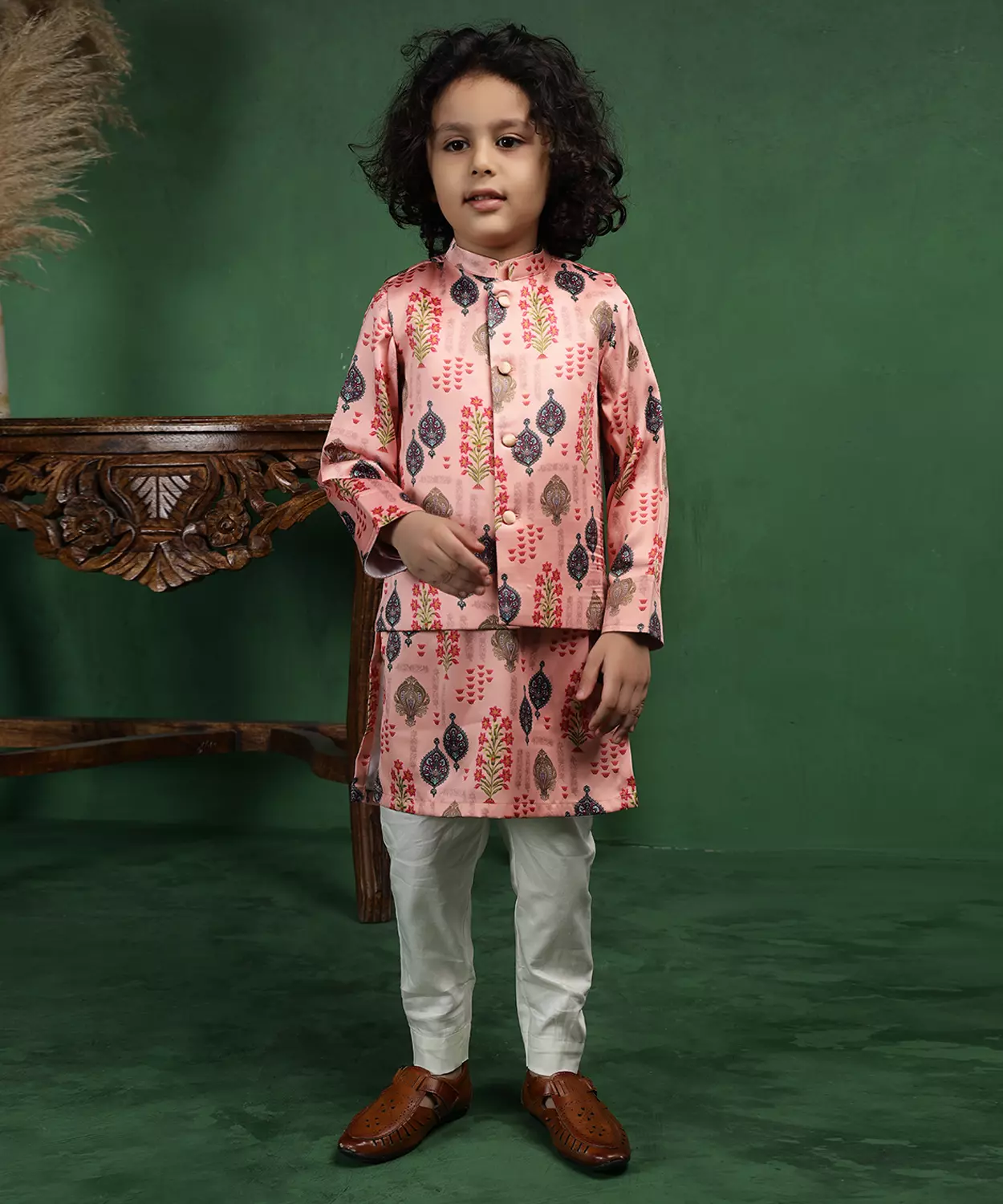 Pink Mughal Print Nehru Jacket With Matching Kurta & Pant Set