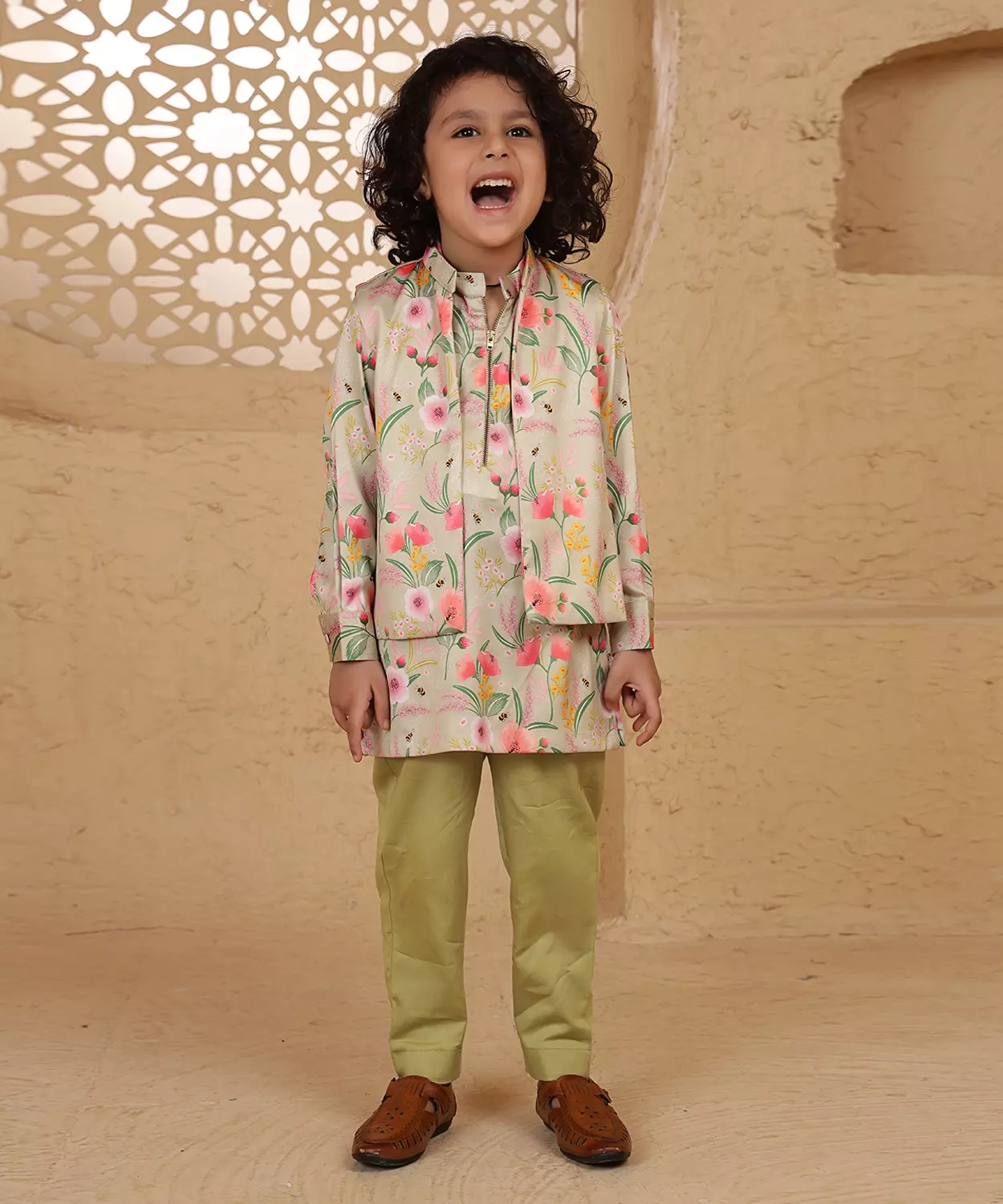 Neembagh Print Open Jacket With Matching Kurta & Pant Set