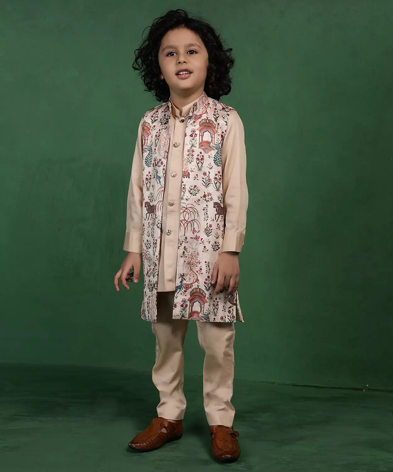 Rajbagh Print Long Jacket With Matching Kurta & Pant Set
