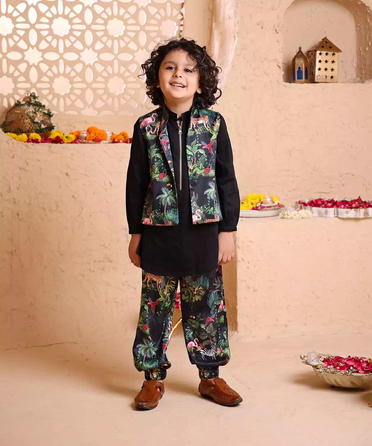 Sherbagh Print Nehru Jacket with matching Kurta & Pant Set