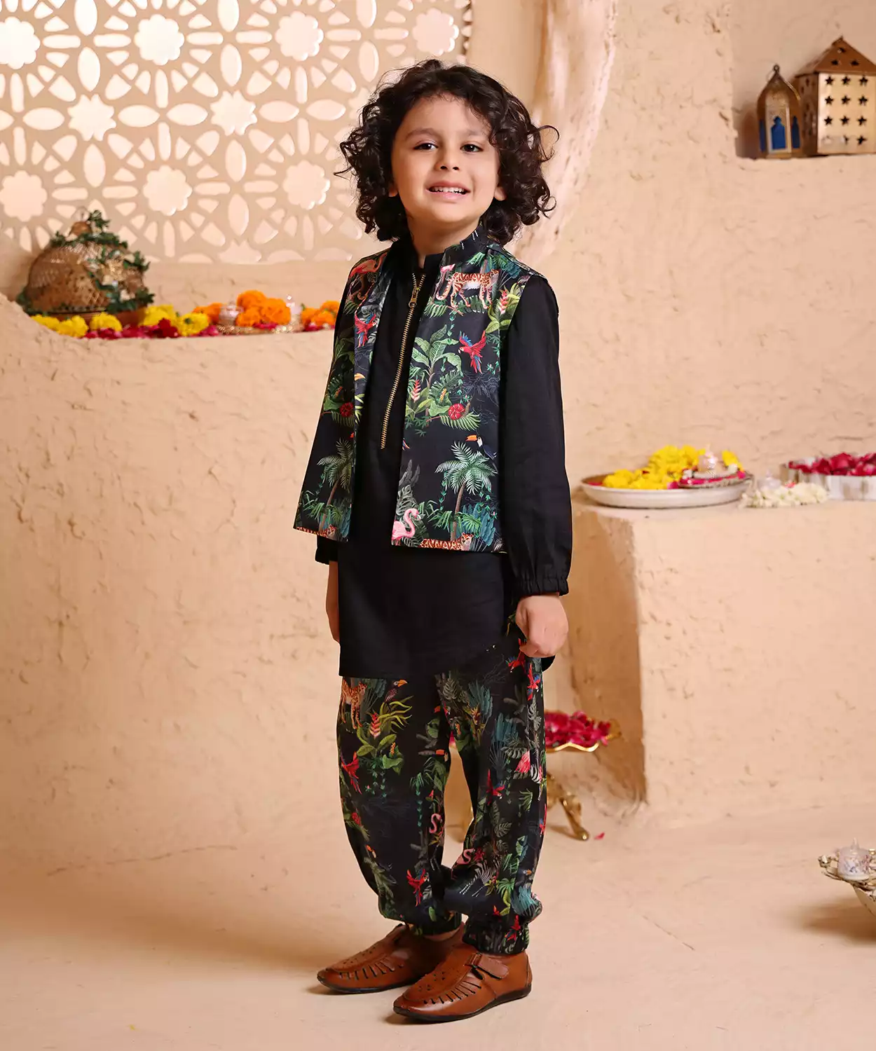 Sherbagh Print Nehru Jacket with matching Kurta & Pant Set