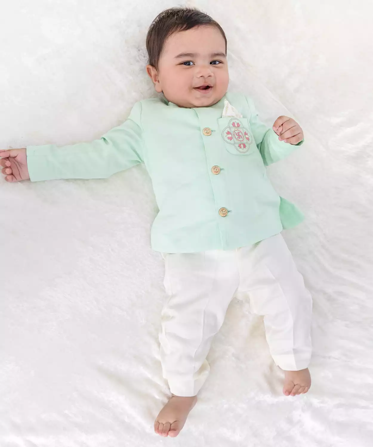 Baby Boy Lotus Bandhgala Pant Set-Green