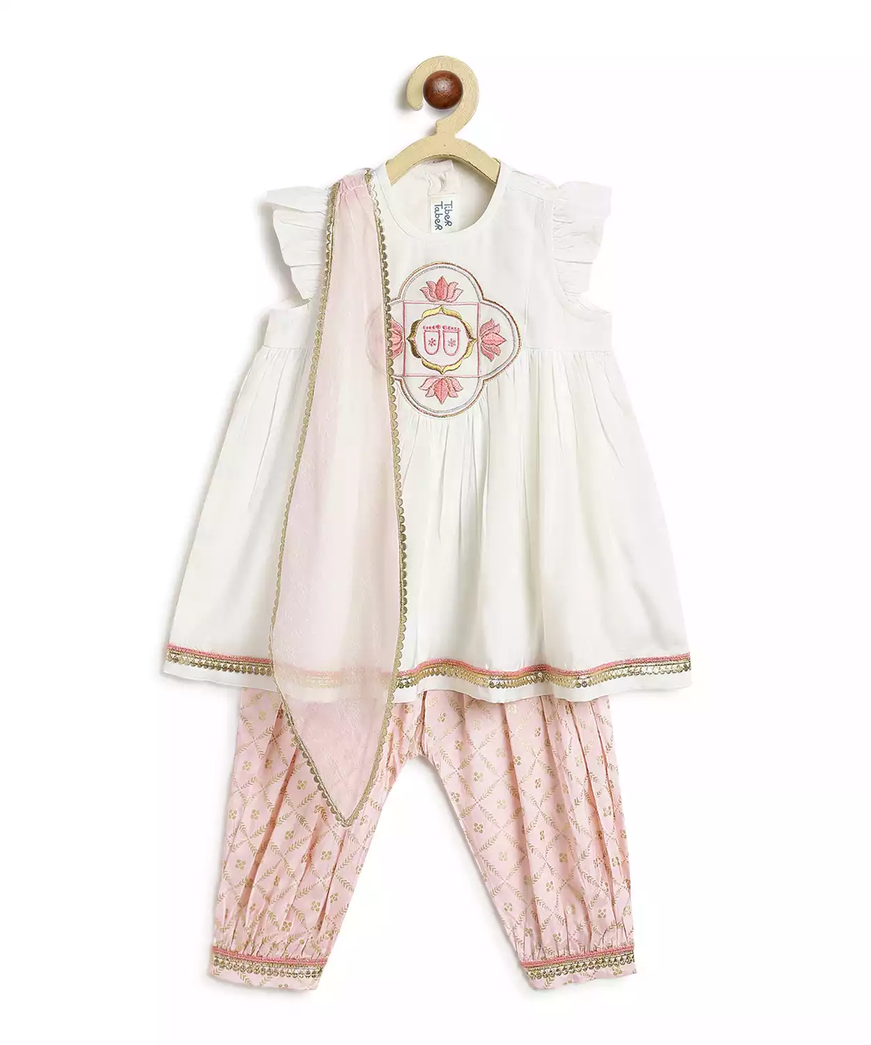 Girl Ruffle Sleeve Lotus Embroidery Suit Set-White