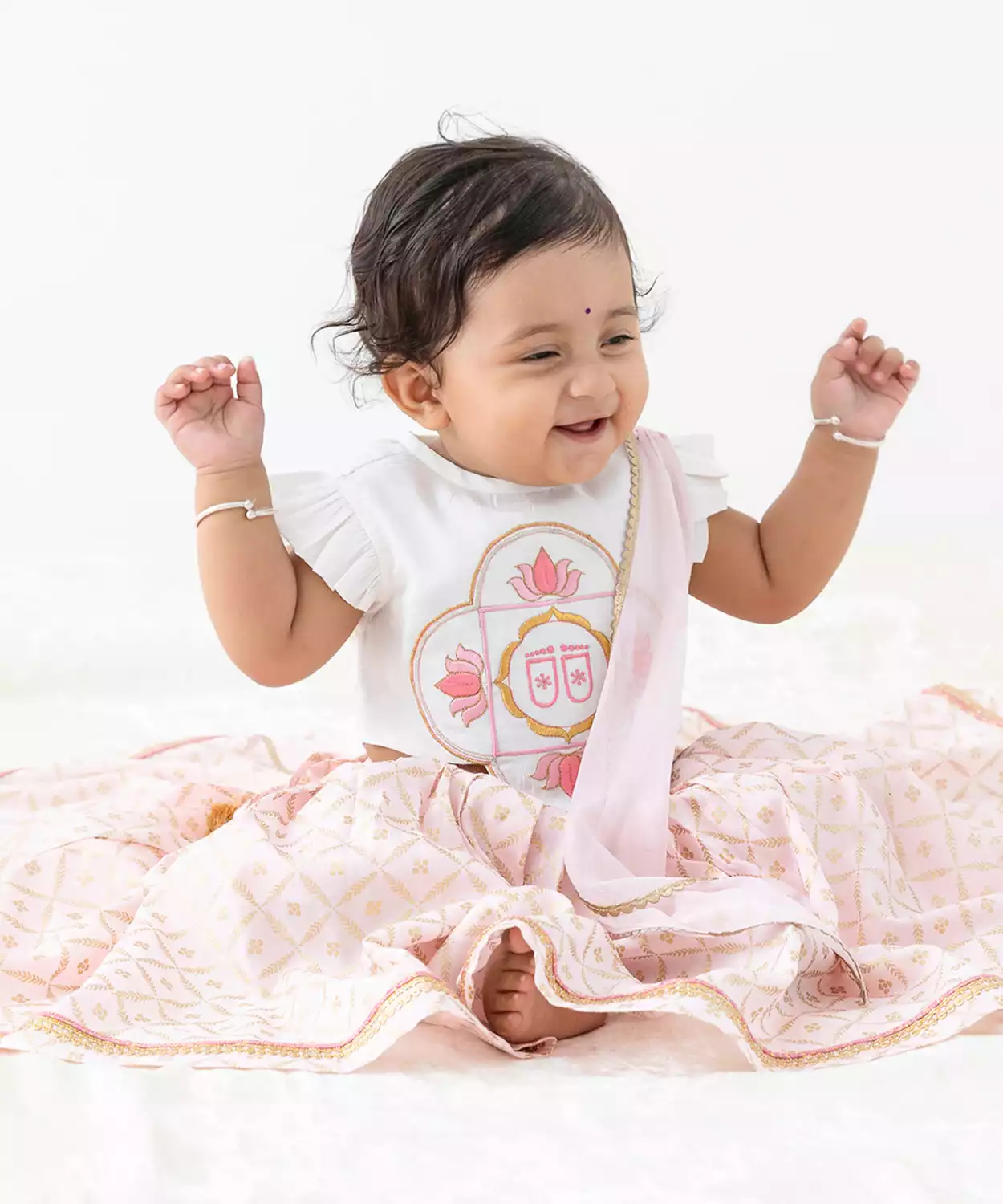 Baby Girl Lotus Embroidery Lehenga Set-White
