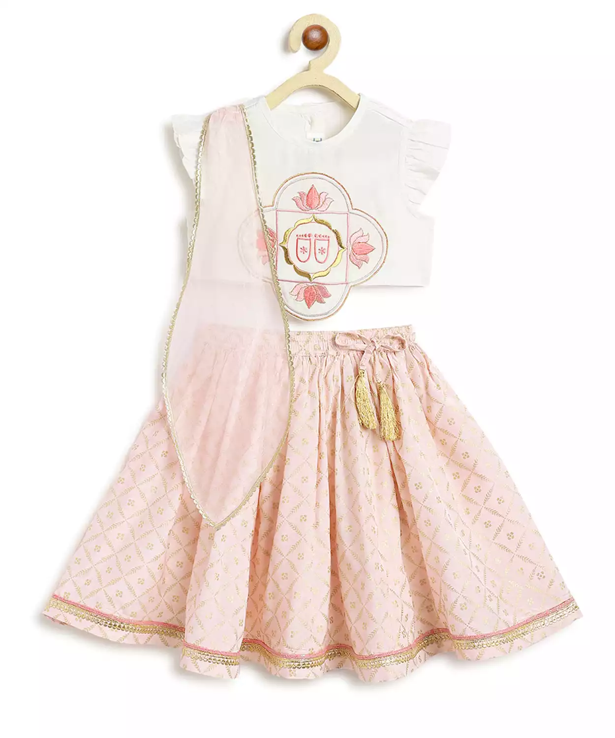 Baby Girl Lotus Embroidery Lehenga Set-White