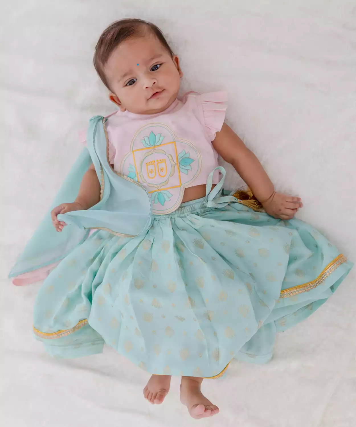 Baby Girl Lotus Embroidery Lehenga Set-Pink