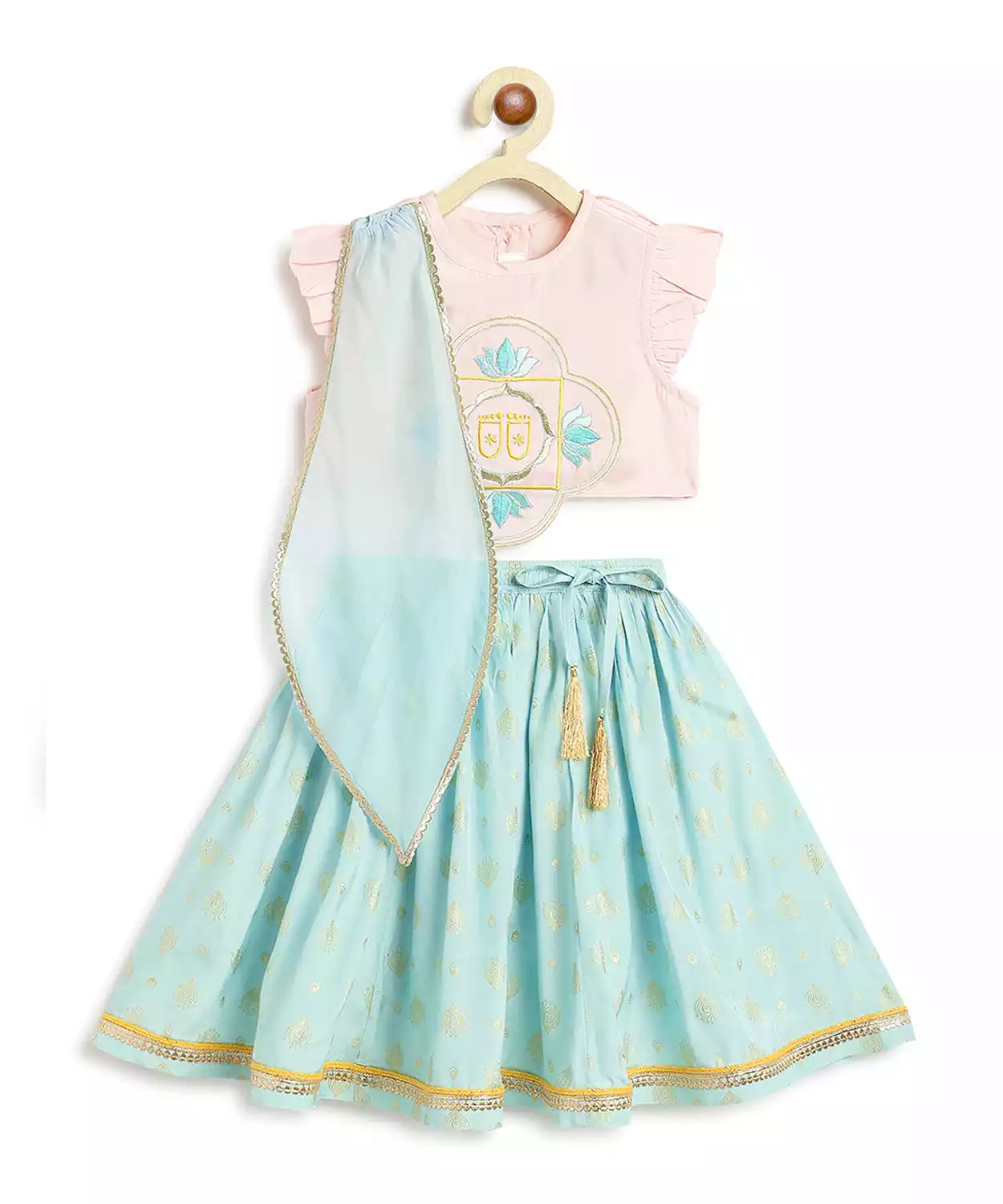 Baby Girl Lotus Embroidery Lehenga Set-Pink