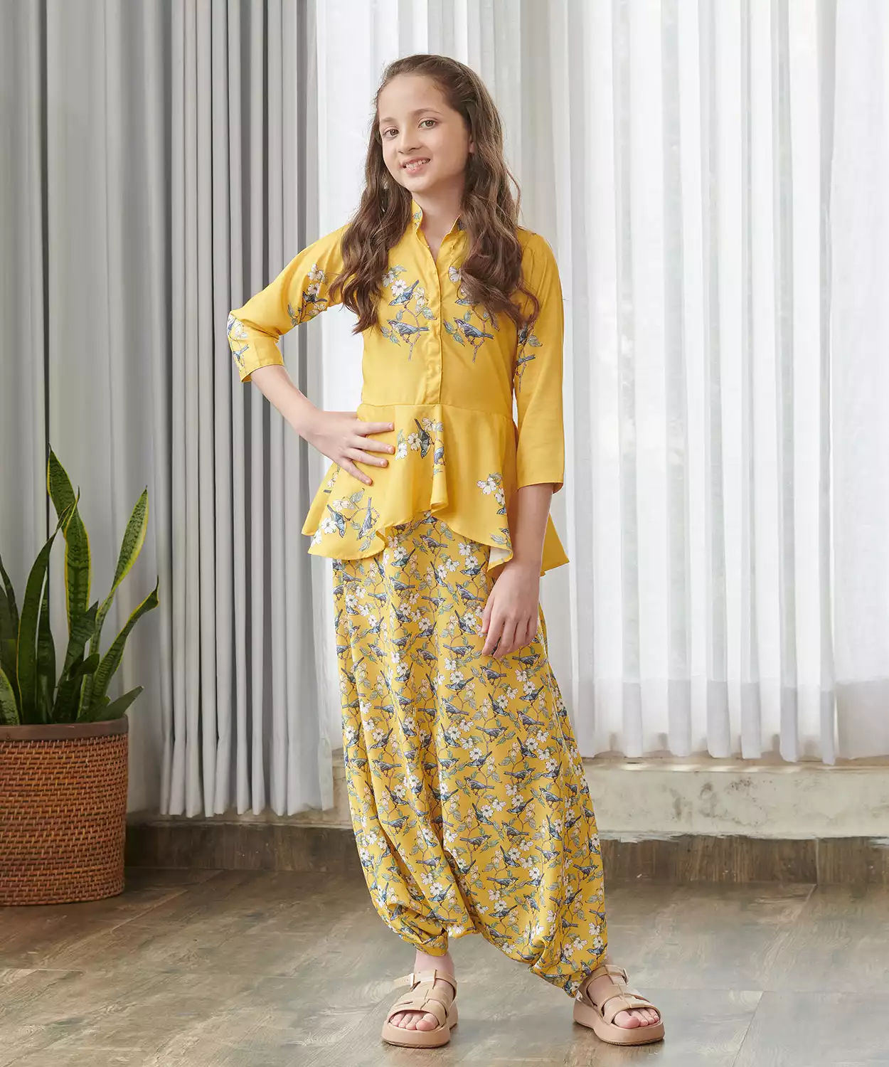 Kesar Yellow Peplum Dhoti Jumpsuit Kids
