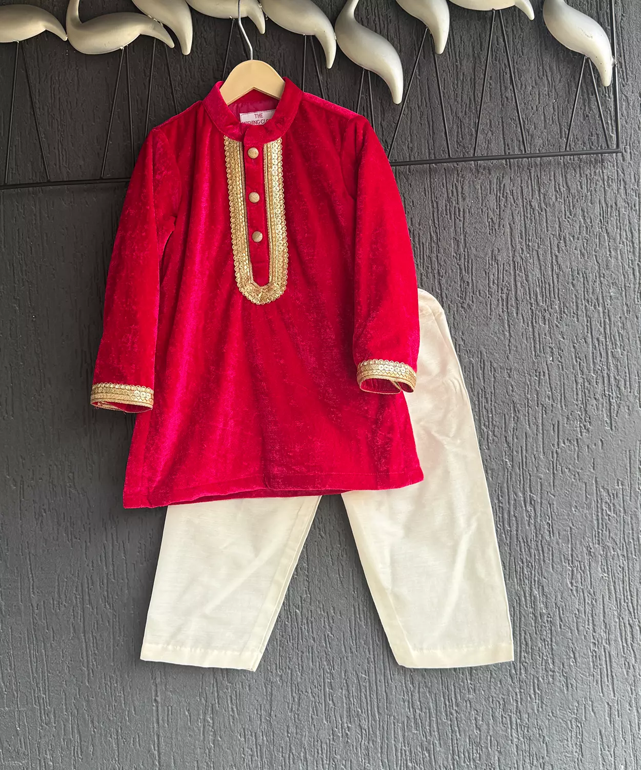 Red Velvet Kurta Set For Boys