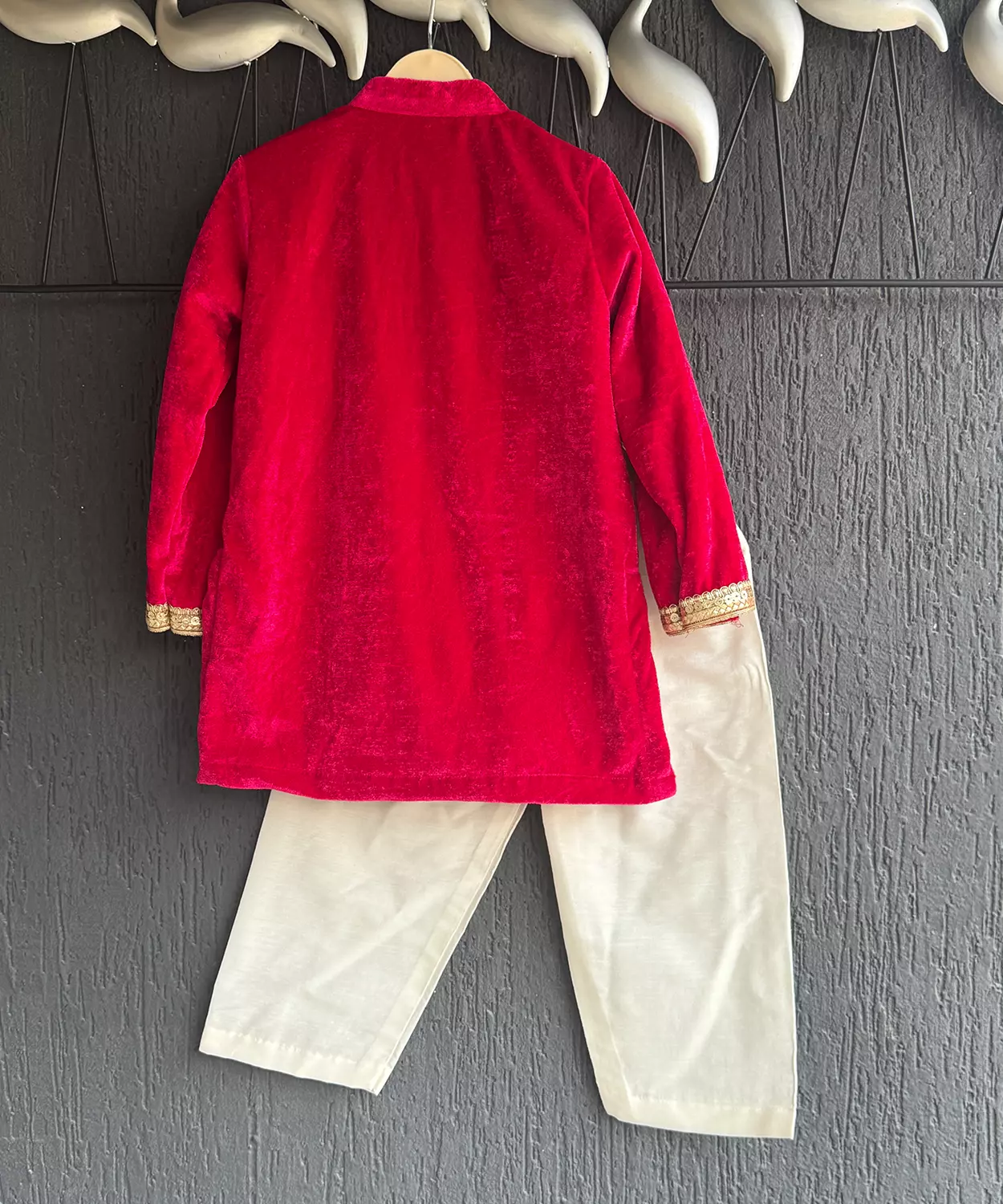 Red Velvet Kurta Set For Boys