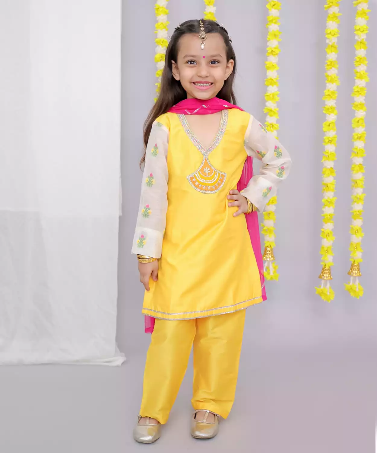 Mustard White Chanderi Emb Kurta Set