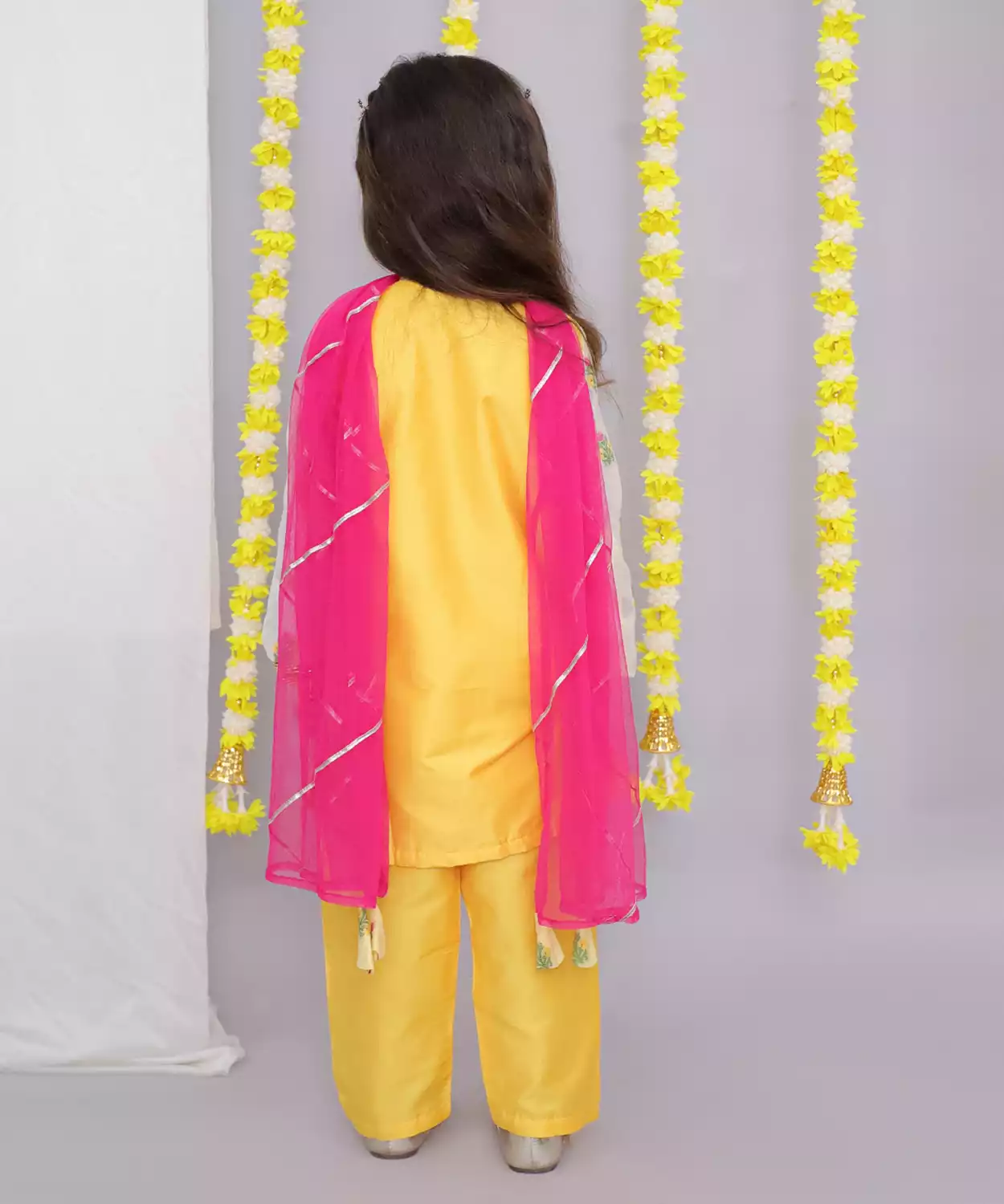 Mustard White Chanderi Emb Kurta Set